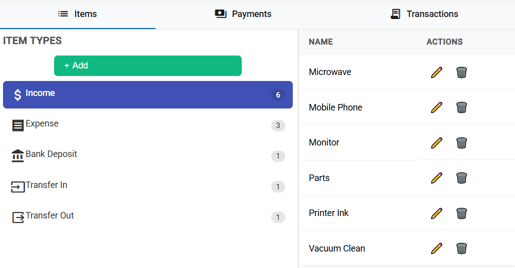 Software settings for items, categories, and payment types